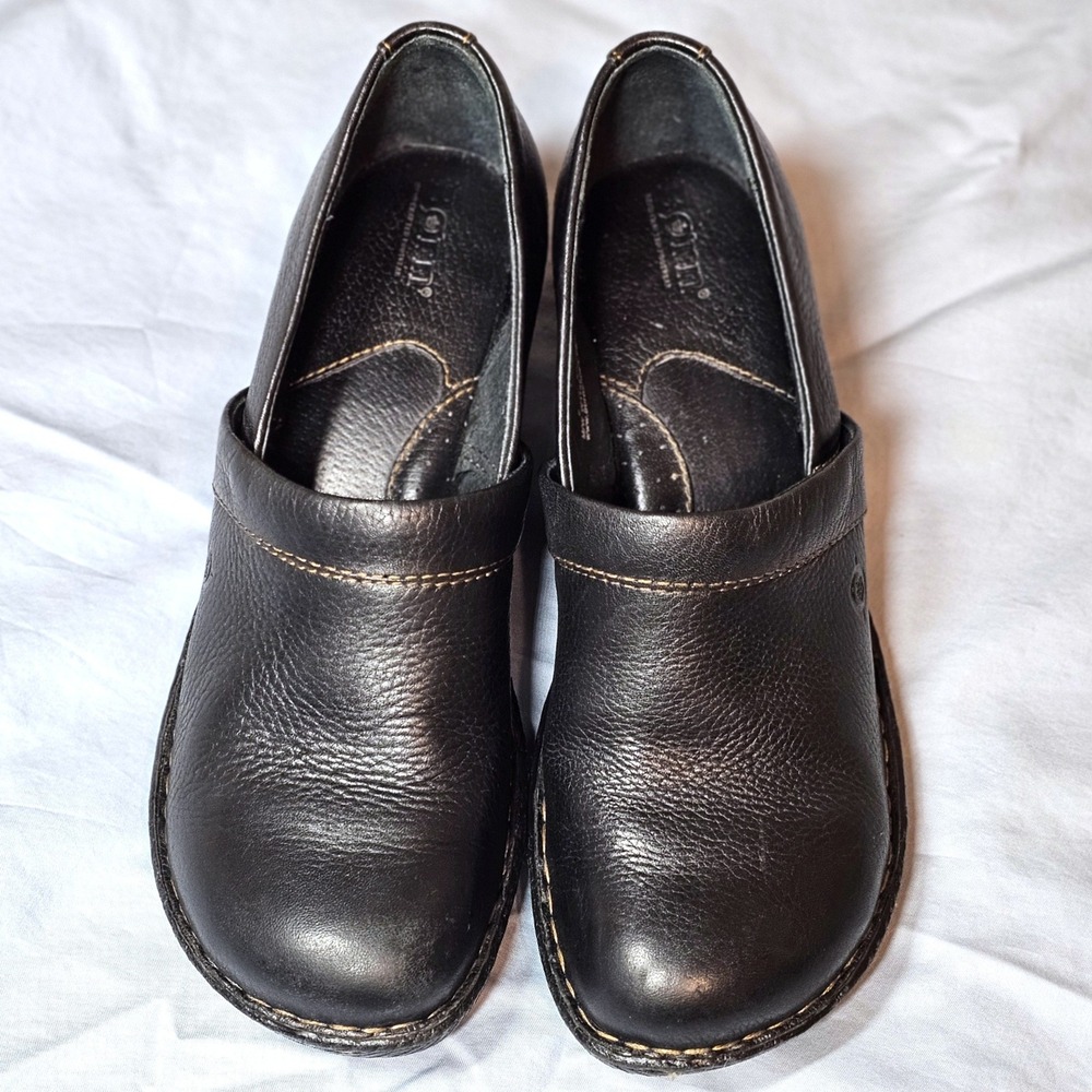 Born Toby II W31927 Black Leather Clogs Womens 9 Slip On Comfort Wedge Shoes